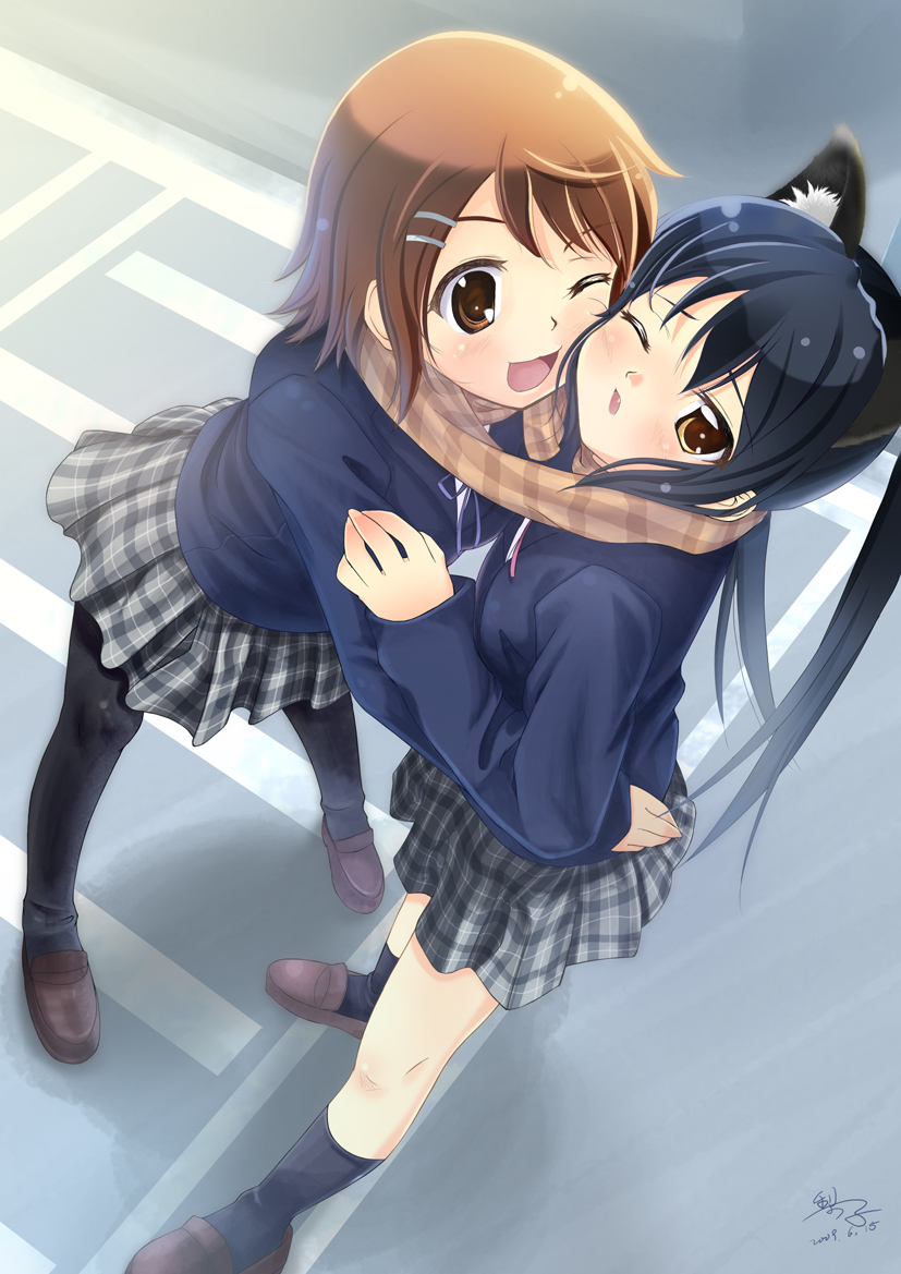 nashigo, hirasawa yui, nakano azusa, k-on!, 00s, 2girls, blush, cheek-to-cheek, female focus, from above, heads together, imminent kiss, looking up, multiple girls, one eye closed, open mouth, pantyhose, plaid clothes, plaid scarf, plaid skirt, road, scarf, shared clothes, shared scarf, skirt, street, wink, yuri