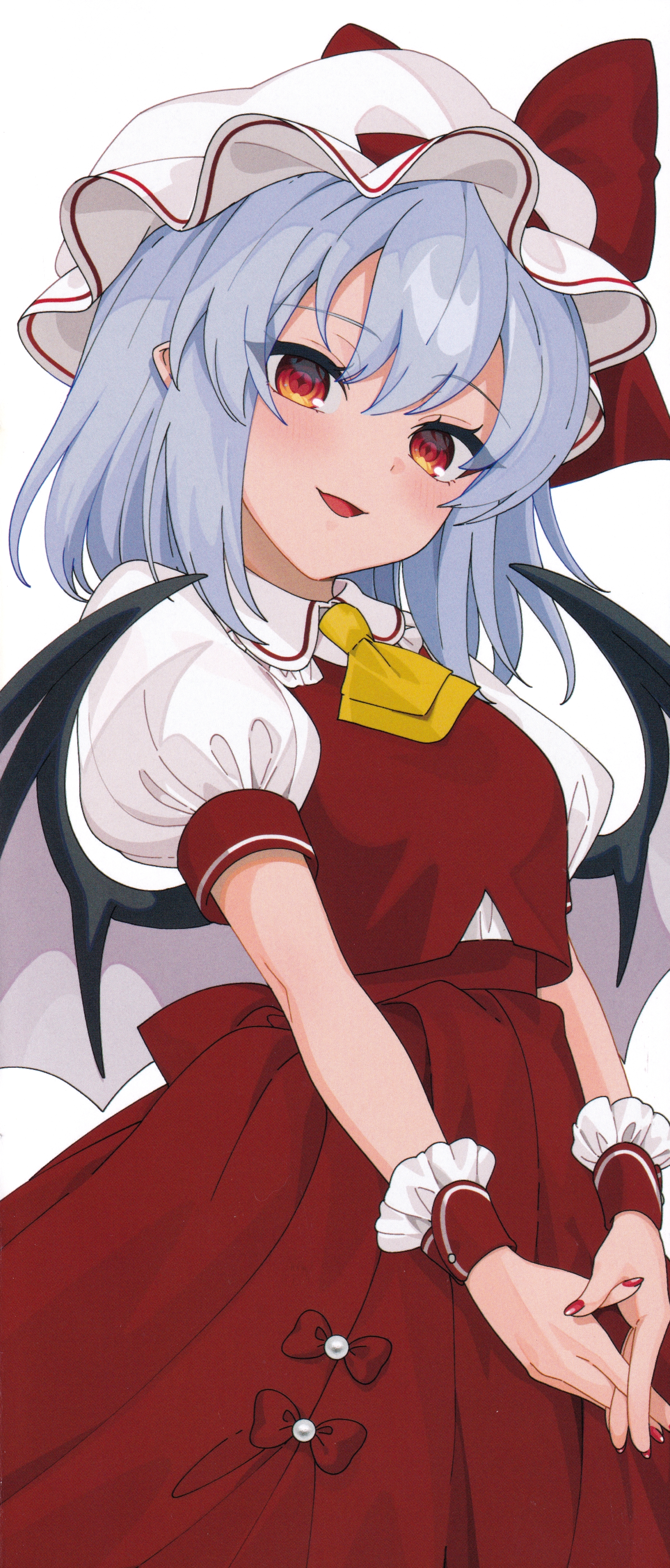 gotoh (nekocat), flandre scarlet, remilia scarlet, touhou, absurdres, highres, scan, third-party source, 1girl, :d, ascot, bat wings, blue eyes, blue hair, bow, collared shirt, cosplay, cowboy shot, flandre scarlet (cosplay), hat, hat bow, interlocked fingers, mob cap, nail polish, open mouth, own hands together, puffy short sleeves, puffy sleeves, red bow, red eyes, red nails, red skirt, red vest, shirt, short hair, short sleeves, simple background, skirt, smile, solo, vest, white background, white shirt, wings, wrist cuffs, yellow ascot