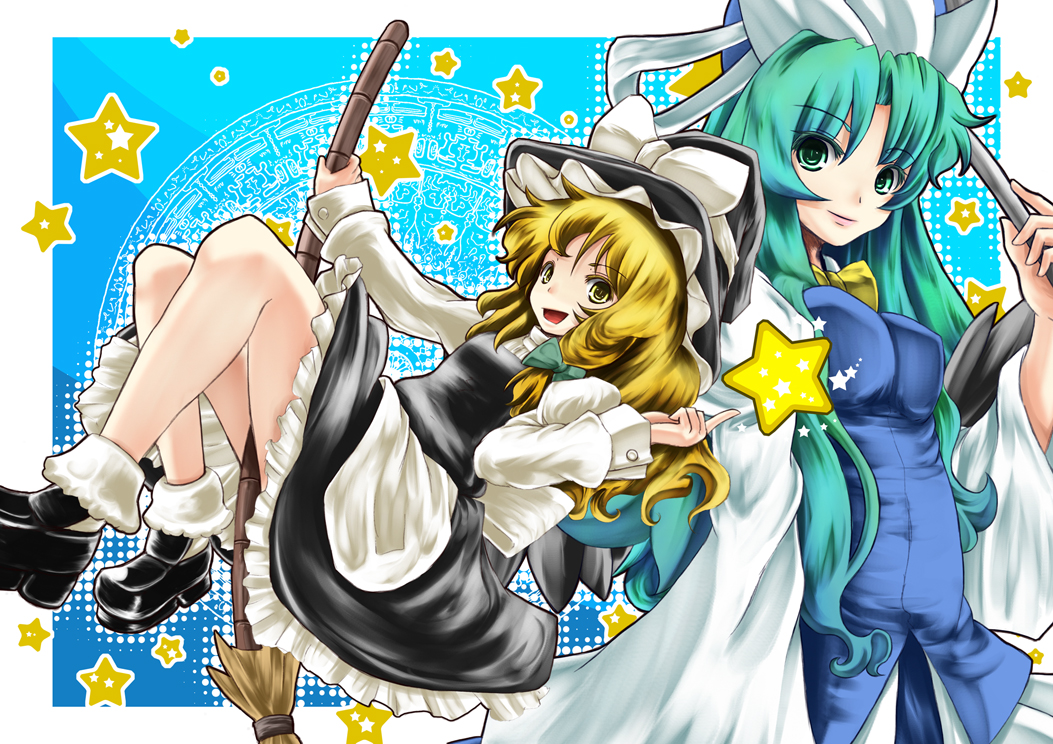 r0g0b0, kirisame marisa, mima (touhou), touhou, touhou (pc-98), bad id, bad pixiv id, 2girls, blonde hair, braid, breasts, broom, dress, female focus, green eyes, green hair, halftone, halftone background, hat, long hair, multiple girls, witch, witch hat, wizard hat, yellow eyes