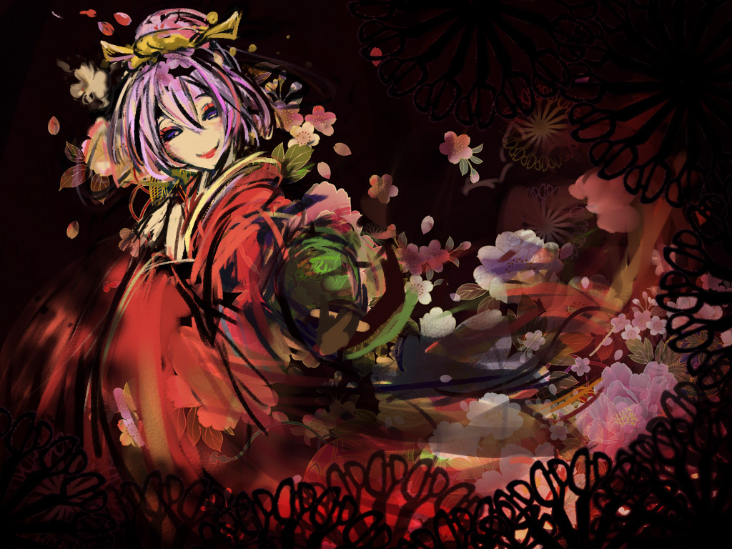 coral*, coral (artist), megurine luka, sudou kayo, enbisaka no shitateya (vocaloid), enbizaka no shitateya (vocaloid), evillious nendaiki, vocaloid, 1girl, alternate hairstyle, blue eyes, female focus, flower, horror (theme), japanese clothes, kimono, pink hair, smile, solo