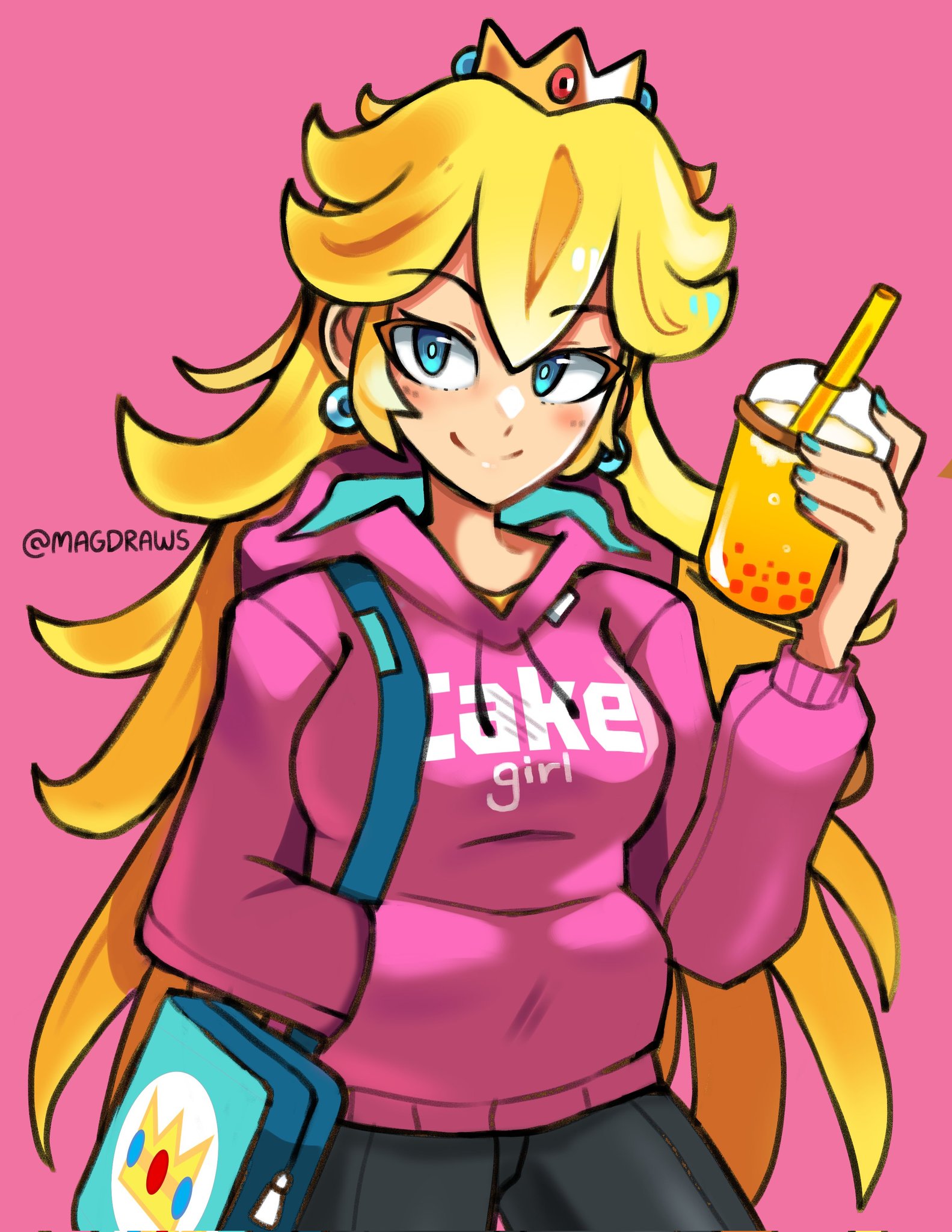 mag (magdraws), princess peach, mario (series), nintendo, commentary, english commentary, highres, 1girl, alternate costume, aqua nails, bag, black pants, blue eyes, bubble tea, casual, closed mouth, clothes writing, crown, earrings, handbag, hood, hoodie, jewelry, long hair, looking to the side, pants, pearl earrings, pink background, pink hoodie, simple background, smile, solo, twitter username