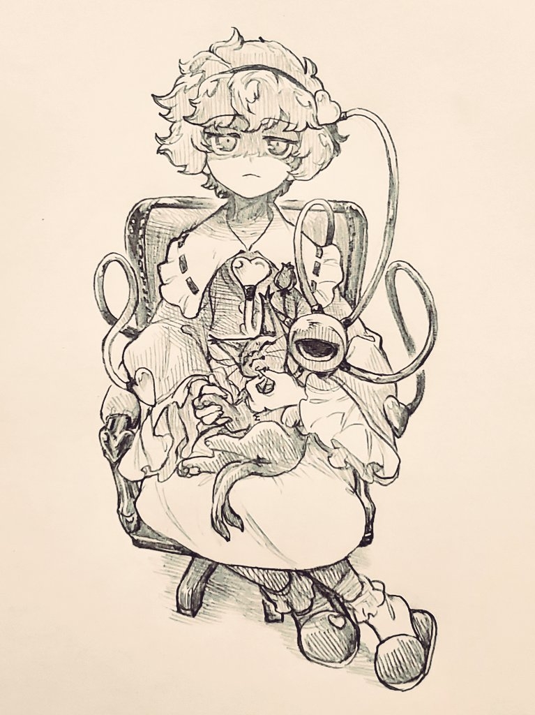 menotama, kaenbyou rin, kaenbyou rin (cat), komeiji satori, touhou, commentary request, traditional media, 1girl, animal, animal on lap, animalization, buttons, cat, cat on lap, chair, closed mouth, collared shirt, eyeball, frilled shirt collar, frilled sleeves, frills, hair ornament, hairband, heart, heart button, heart hair ornament, looking at viewer, multiple tails, on chair, on lap, ribbon-trimmed collar, ribbon trim, shaded face, shirt, sitting, slippers, socks, tail, third eye, two tails