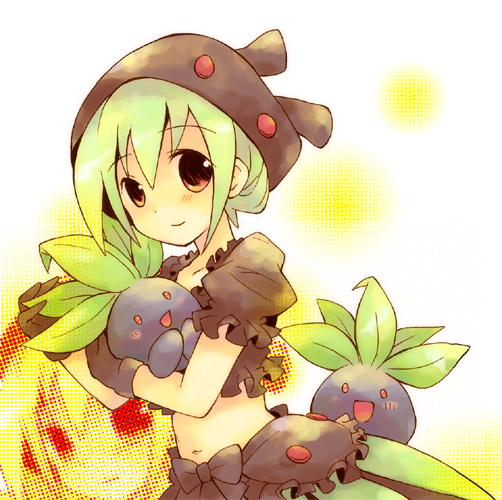 tachitsu teto, oddish, moemon, nintendo, pokemon, 1girl, animal, animal hug, blush, creature and personification, crop top, gen 1 pokemon, gloves, green hair, hat, holding, midriff, navel, personification, pokemon (creature), puffy sleeves, red eyes, skirt, smile