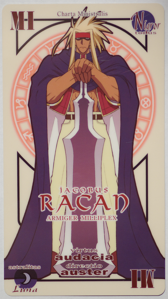 akamatsu ken, jack rakan, mahou sensei negima!, 00s, 1boy, blonde hair, cape, card, card (medium), cloak, dark-skinned male, dark skin, headband, latin text, magic circle, male focus, pactio, solo, sword, weapon