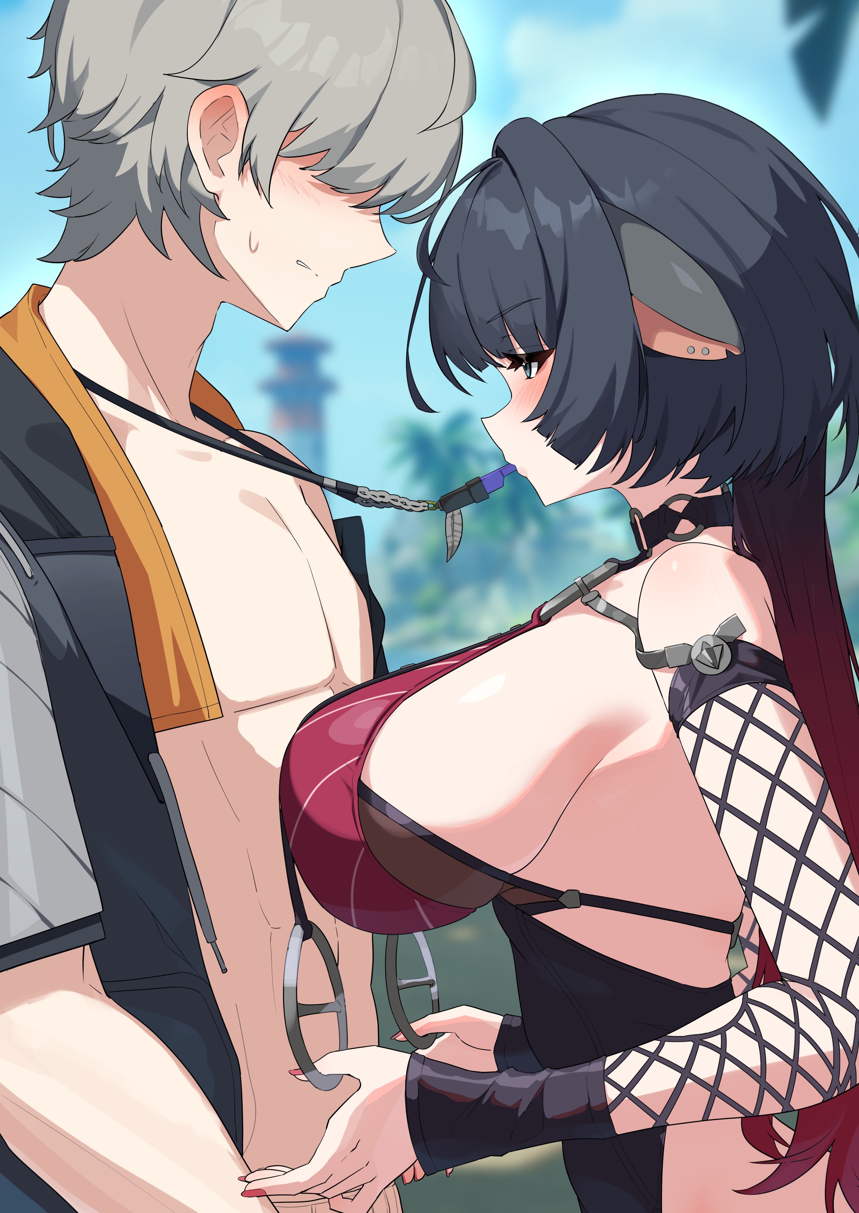 w.k, jane doe (nocturne of light) (zenless zone zero), jane doe (zenless zone zero), wise (peaceful waves) (zenless zone zero), wise (zenless zone zero), zenless zone zero, absurdres, commentary, highres, symbol-only commentary, 1boy, 1girl, animal ears, black hair, blue sky, blurry, blurry background, breasts, cloud, day, from side, gradient hair, grey hair, hetero, jacket, large breasts, long hair, mouse ears, mouse girl, multicolored hair, official alternate costume, one-piece swimsuit, open clothes, open jacket, outdoors, red hair, short hair, sideboob, sky, swimsuit