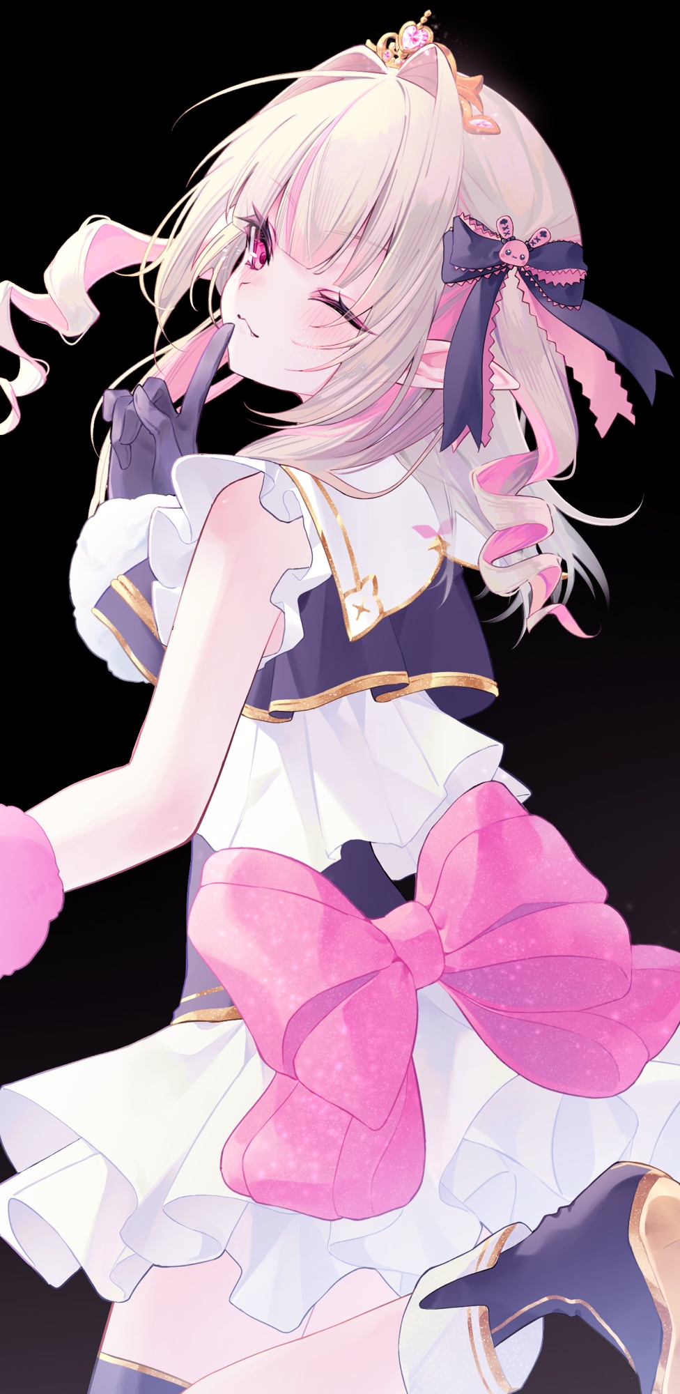 yumyi 0108, makaino ririmu, nijisanji, highres, 1girl, ;), asymmetrical gloves, back ribbon, bare arms, black background, black boots, black corset, black gloves, black ribbon, black vest, blunt bangs, blush, boots, colored inner hair, corset, cropped vest, drill hair, fang, fang out, finger to mouth, foot out of frame, frilled ribbon, frilled shirt, frilled skirt, frilled sleeves, frills, from behind, fur-trimmed gloves, fur trim, gloves, gold trim, grey hair, hair intakes, hair ornament, hair over shoulder, hair ribbon, heart, idol clothes, index finger raised, layered skirt, long hair, looking at viewer, looking back, miniskirt, mismatched gloves, multicolored hair, nijisanji idol uniform, official alternate costume, one eye closed, pink fur, pink hair, pink ribbon, pink streaks, pointy ears, rabbit hair ornament, red eyes, ribbon, shirt, sidelocks, simple background, skirt, smile, solo, standing, standing on one leg, streaked hair, thigh strap, tiara, two-tone hair, two side up, vest, virtual youtuber, white fur, white shirt, white skirt