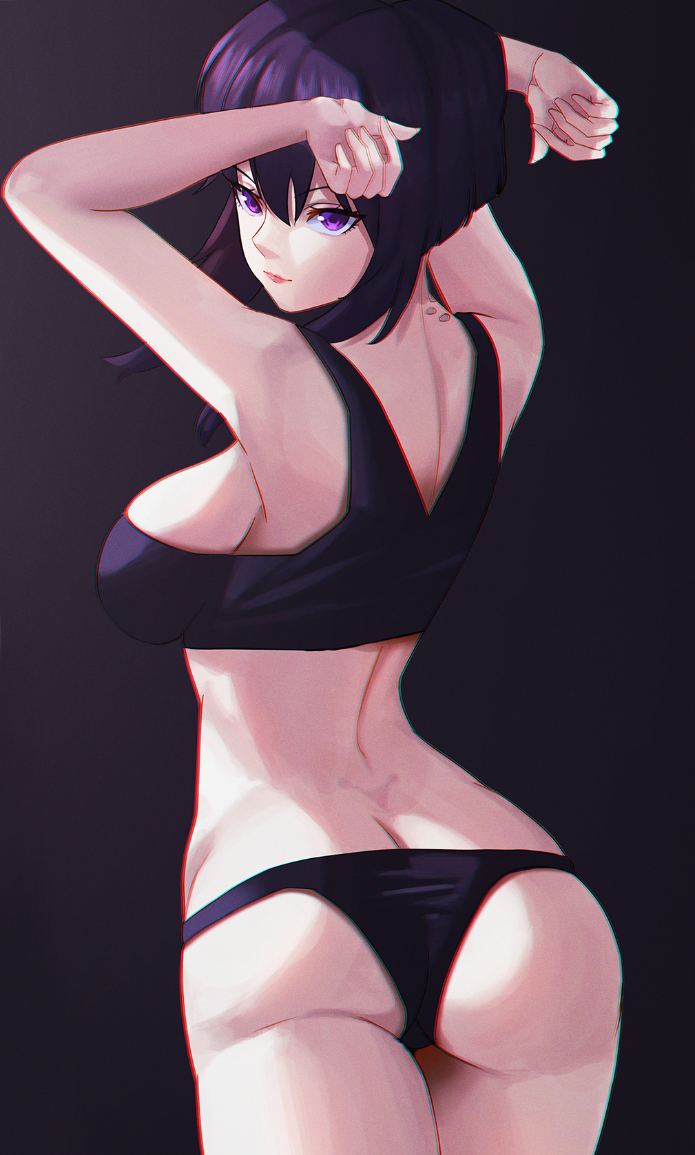 choister, kusanagi motoko, ghost in the shell, ghost in the shell: stand alone complex, highres, 1girl, arms up, ass, back, black bra, black panties, bra, breasts, looking at viewer, looking back, panties, purple eyes, purple hair, sideboob, underwear