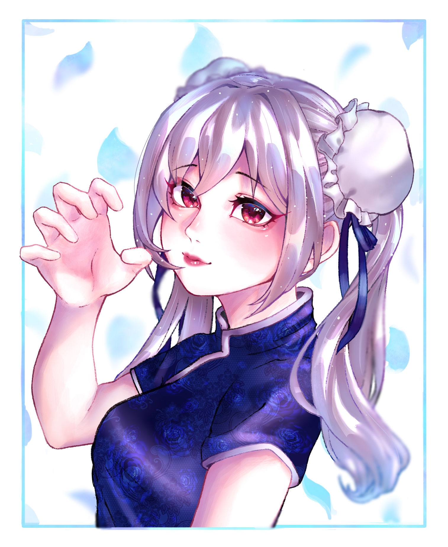 okubatomaeba, kanzaki ranko, idolmaster, idolmaster cinderella girls, idolmaster cinderella girls starlight stage, commentary request, highres, 1girl, blue dress, blue petals, border, breasts, bun cover, china dress, chinese clothes, claw pose, closed mouth, double-parted bangs, double bun, dress, grey hair, hair bun, hand up, lips, long hair, looking at viewer, medium breasts, nose, petals, red eyes, short sleeves, smile, solo, twintails, upper body, white border