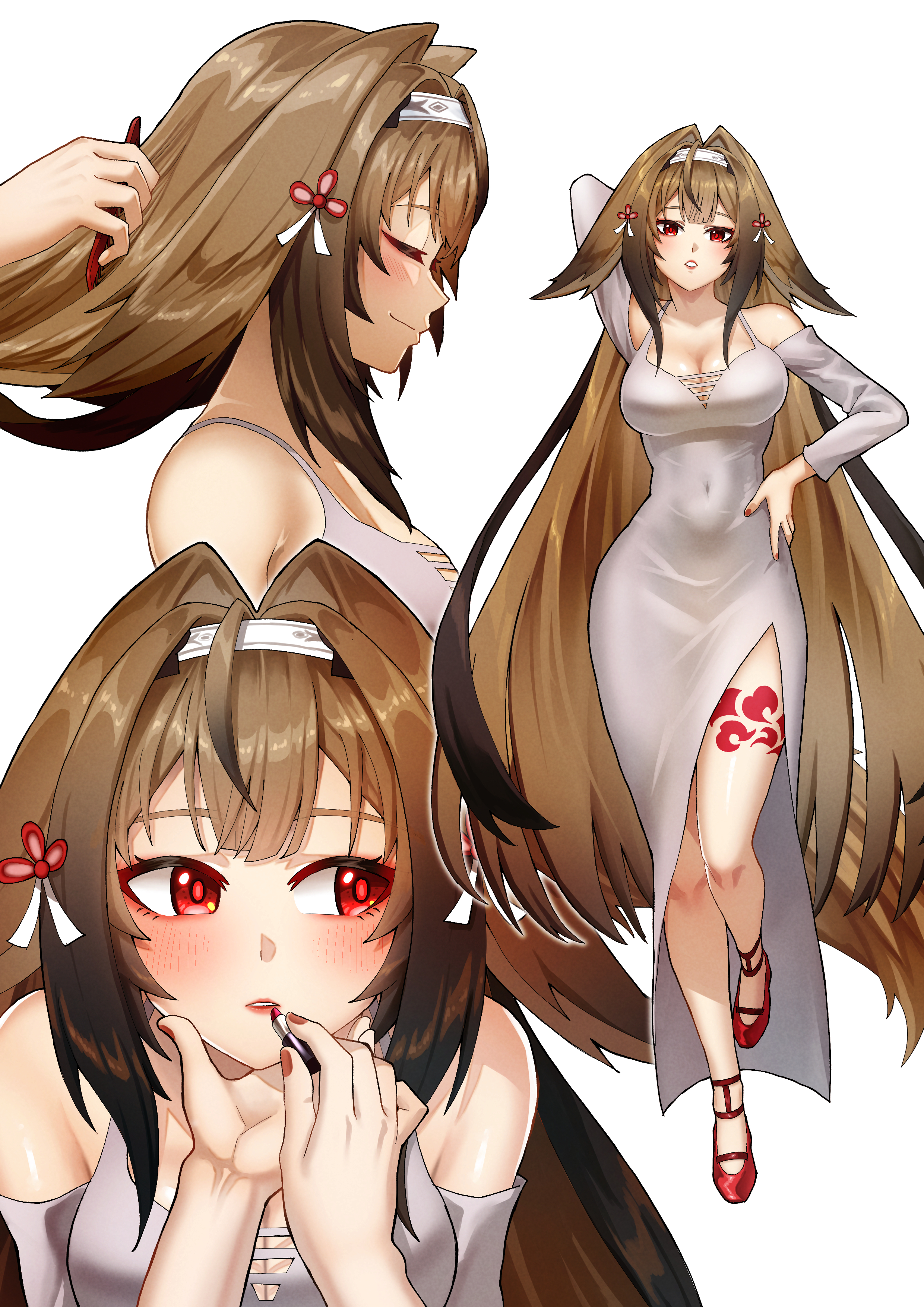 you nf, ye shunguang, zenless zone zero, absurdres, commentary, commentary request, english commentary, highres, mixed-language commentary, 1girl, alternate costume, animal ears, arm behind head, bare shoulders, blush, breasts, brown hair, closed eyes, closed mouth, clover, clover hair ornament, covered navel, dress, droopy ears, grey dress, hair ornament, hairband, hand on own hip, large breasts, leg up, lipstick, long hair, looking at viewer, looking to the side, makeup, multiple views, parted lips, red eyes, red lips, red shoes, shoes, simple background, standing, standing on one leg, very long hair, white background, white hairband