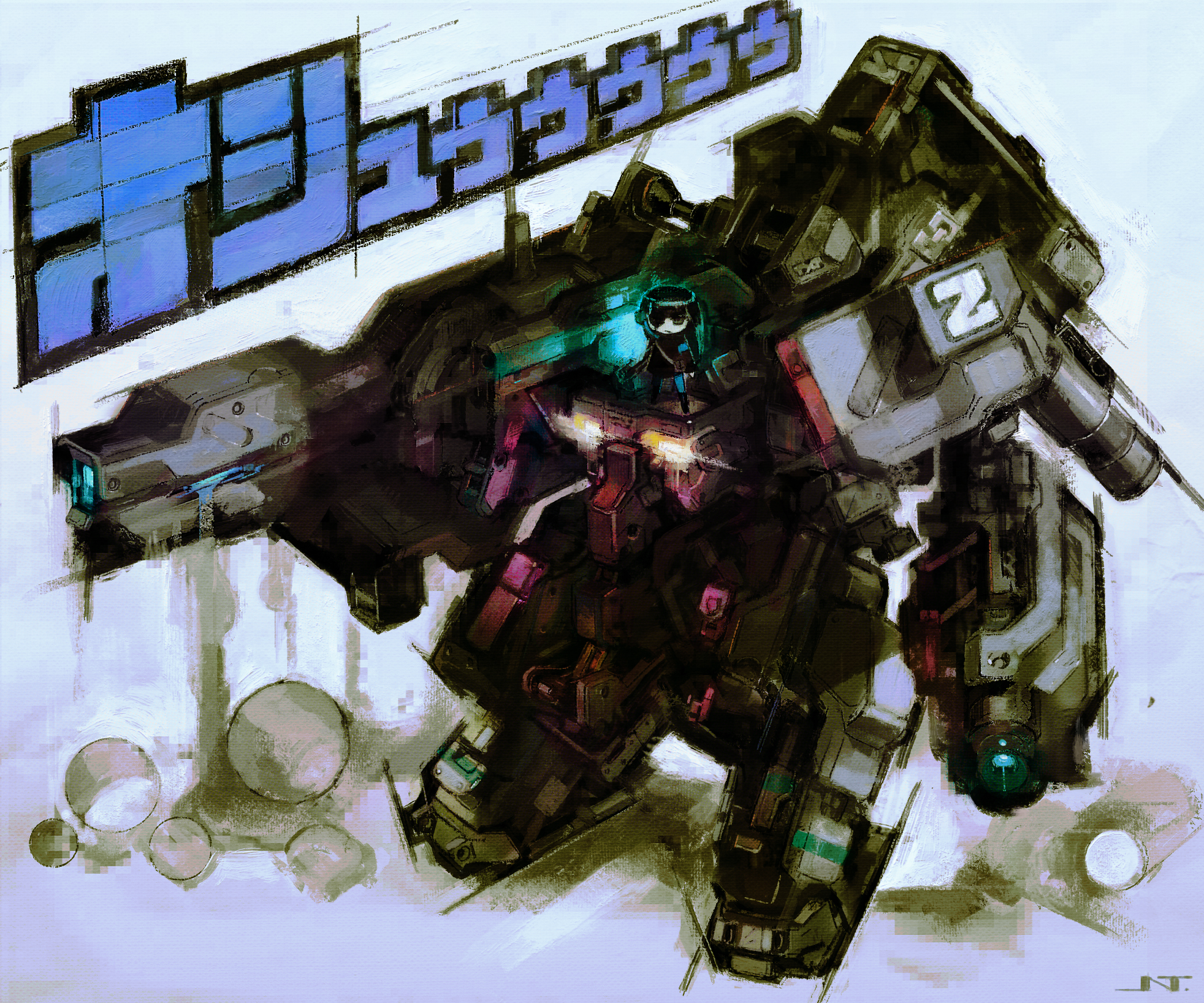 jnt, original, visor, bad id, bad pixiv id, highres, black hair, blue eyes, chibi, eyepatch, mecha, robot, sketch, solo