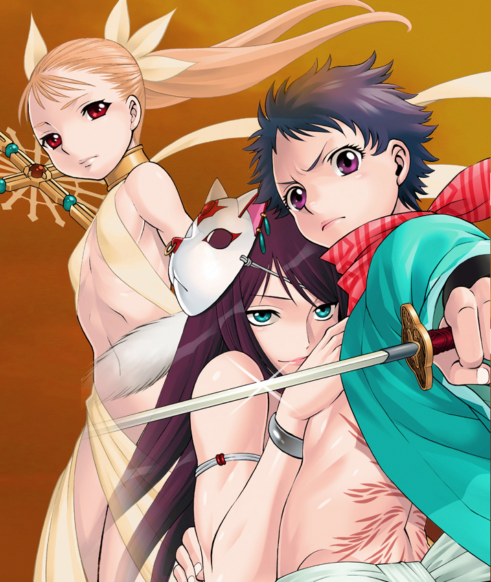 tamaki nozomu, hijikata hyou, himeka (himegami), mina tepes, dance in the vampire bund, hakodate youjin buraichou himegami, 3girls, androgynous, armlet, black hair, blonde hair, blue eyes, bracelet, collar, creator connection, cross, crossover, flat chest, fox mask, jewelry, loli, long hair, mask, multiple girls, purple eyes, purple hair, red eyes, reverse trap, scarf, sword, tattoo, twintails, weapon, yuri