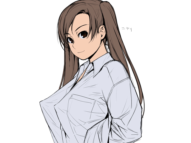 ino (magloid), kousaka rino, otome function, brown eyes, brown hair, covered erect nipples, smile, solo, twintails