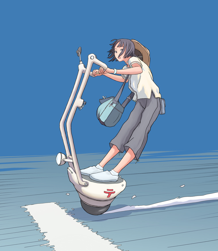 flash tomo, original, vehicle, 1girl, bag, blue background, blue hair, capri pants, female focus, hat, mailman, open mouth, pants, science fiction, shirt, shoes, sneakers, socks, solo