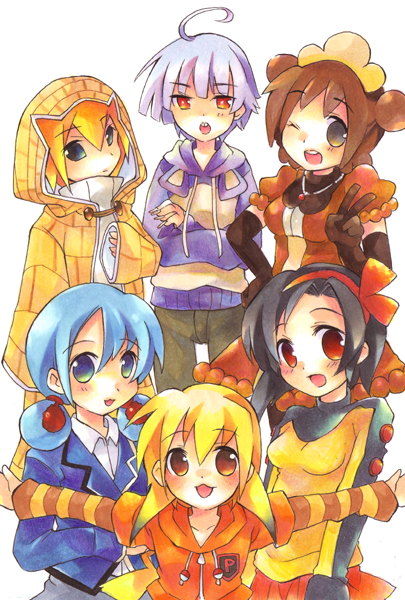 tachitsu teto, bidoof, cyndaquil, marill, pikachu, rattata, sandshrew, moemon, nintendo, pokemon, costume, striped, 6+girls, blazer, dress, elbow gloves, gen 1 pokemon, gen 2 pokemon, gloves, hair ribbon, headdress, hood, hoodie, jacket, long hair, long sleeves, miniskirt, multiple girls, one eye closed, personification, ribbon, short hair, skirt, v, wink