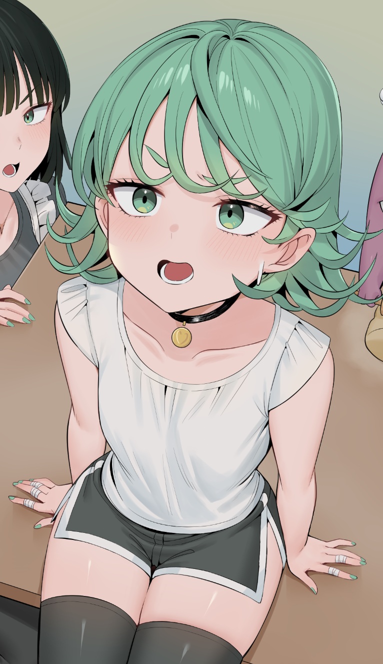 bygin, fubuki (one-punch man), manako (one-punch man), tatsumaki, one-punch man, commentary, english commentary, highres, 2girls, black choker, black hair, black shorts, black thighhighs, choker, collarbone, green eyes, green hair, monster, multiple girls, open mouth, parted bangs, shirt, short hair, shorts, sitting, sitting on table, table, thighhighs, white shirt