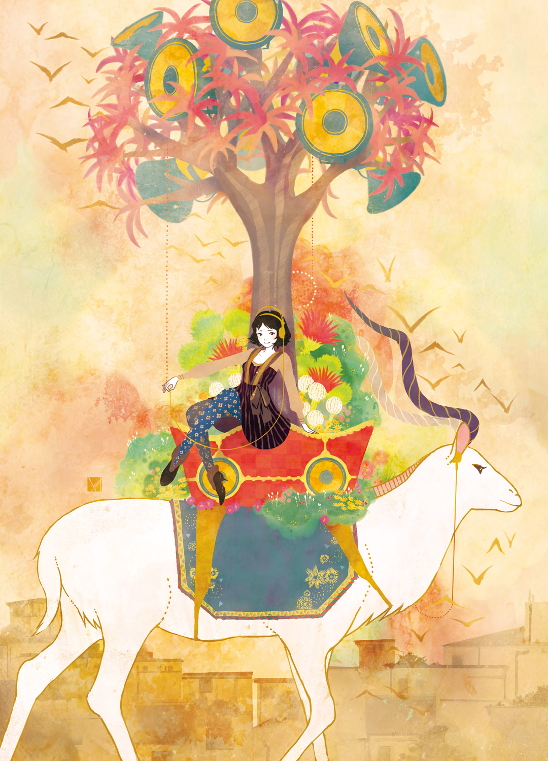 sakamoto himemi, original, bad id, bad pixiv id, highres, black hair, dress, goat, headphones, short hair, solo, speaker, surreal, thighhighs, tree