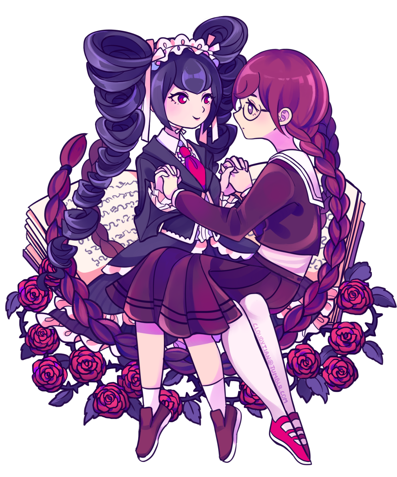 cloudytian, celestia ludenberg, fukawa toko, danganronpa: trigger happy havoc, danganronpa (series), commentary, english commentary, highres, 2girls, absurdly long hair, black jacket, black necktie, black skirt, book, braid, bright pupils, brown shoes, closed mouth, collared shirt, drill hair, eyelashes, flower, glasses, hair ribbon, holding hands, jacket, long hair, long sleeves, looking at another, multiple girls, necktie, open book, purple eyes, purple hair, purple serafuku, purple shirt, purple skirt, red eyes, red flower, red rose, red shoes, ribbon, rose, sailor collar, school uniform, serafuku, shirt, shoes, sidelocks, sitting, sitting on lap, sitting on person, skirt, skirt set, smile, transparent background, tumblr username, twin braids, twin drills, twintails, very long hair, watermark, web address, white headdress, white pupils, white ribbon, white sailor collar, white shirt, white shocks, yuri