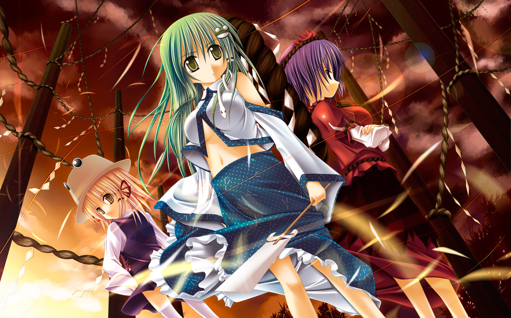 kai yuuki, kochiya sanae, moriya suwako, yasaka kanako, touhou, highres, 3girls, blonde hair, breasts, detached sleeves, female focus, frog, green hair, hair ornament, hat, long hair, multiple girls, navel, no bra, purple hair, red eyes, rope, short hair, snake, thighhighs, underboob, yellow eyes