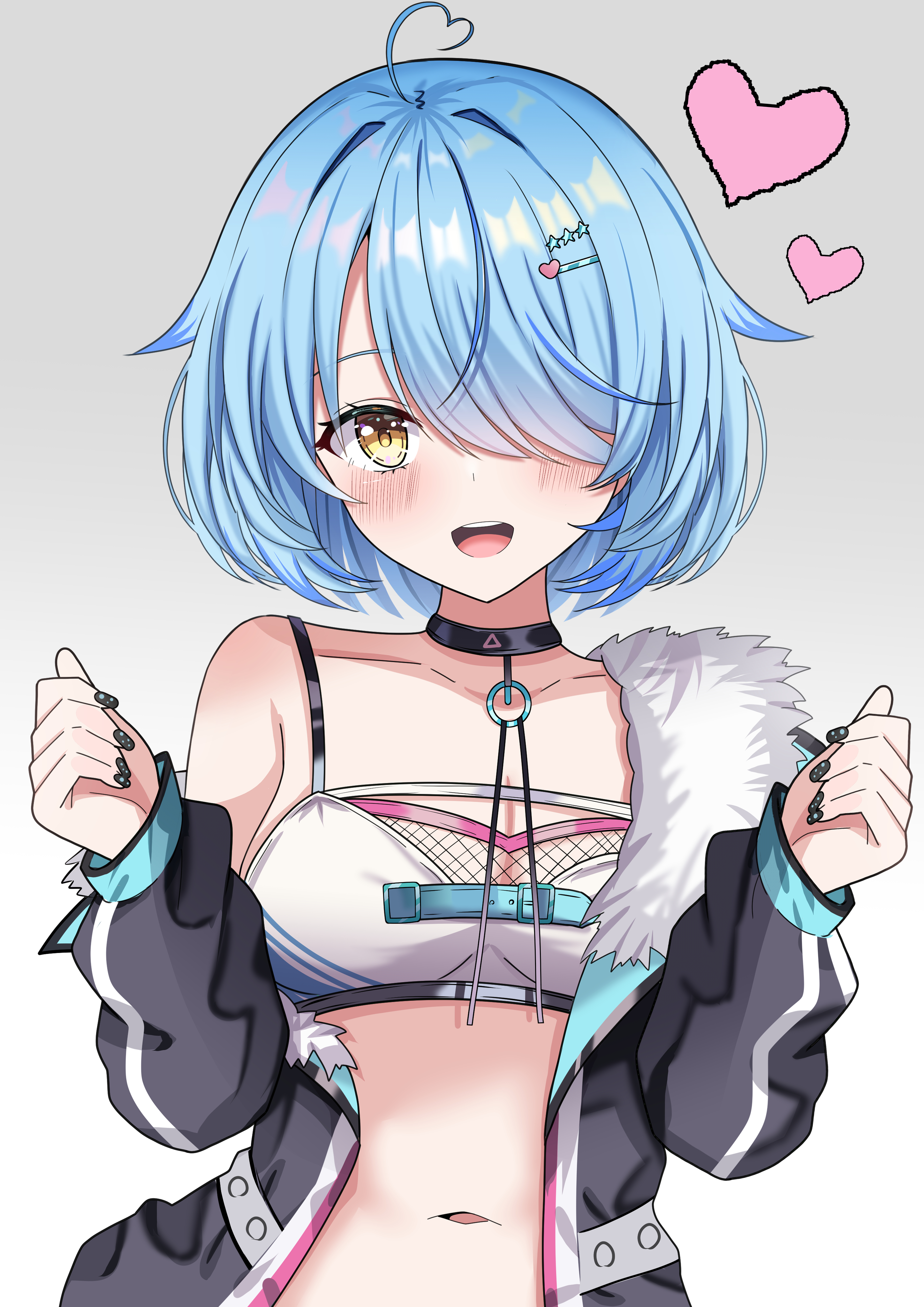 hosinonana, yukihana lamy, yukihana lamy (cyber), hololive, absurdres, commentary request, highres, 1girl, armpit crease, black choker, black jacket, black nails, blue hair, blush, bra, breasts, choker, cleavage, collarbone, elf, fingernails, grey background, hair over one eye, jacket, large breasts, navel, parted lips, pointy ears, short hair, simple background, single bare shoulder, single off shoulder, solo, underwear, upper body, virtual youtuber, white background, white bra, yellow eyes