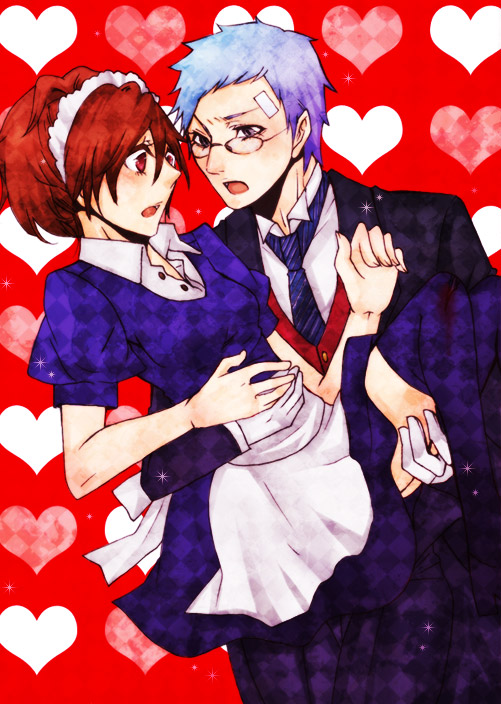 to (pixiv1355028), sanada akihiko, shiomi kotone, atlus, persona, persona 3, persona 3 portable, 1boy, 1girl, bandages, brown hair, couple, formal clothes, glasses, hetero, maid, open mouth, suit