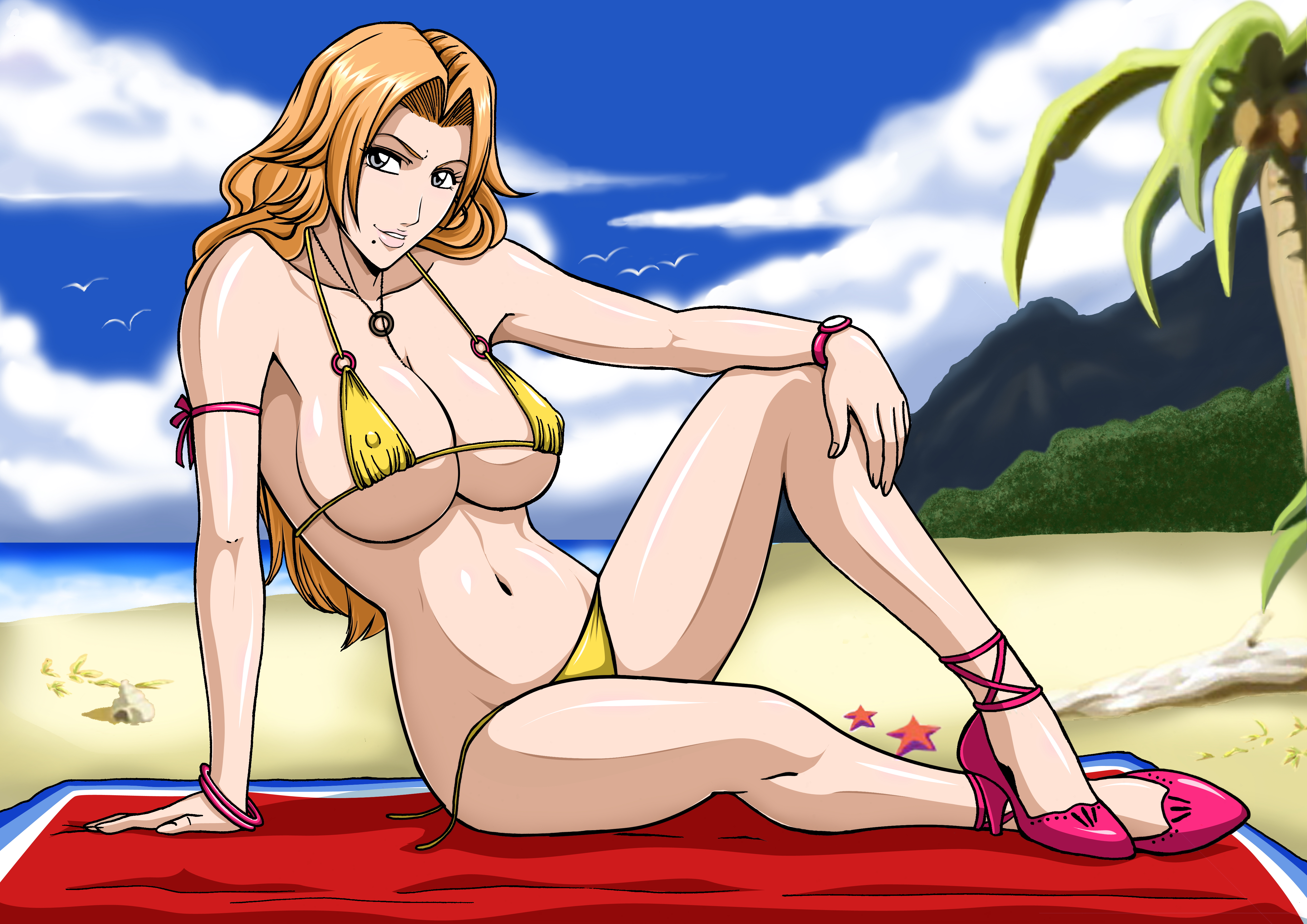 nagano tenzen, tenzen (netspike), matsumoto rangiku, bleach, absurdres, highres, self-upload, 00s, 1girl, beach, bikini, breasts, covered erect nipples, day, female focus, high heels, micro bikini, mole, orange hair, shoes, solo, string bikini, swimsuit, underboob