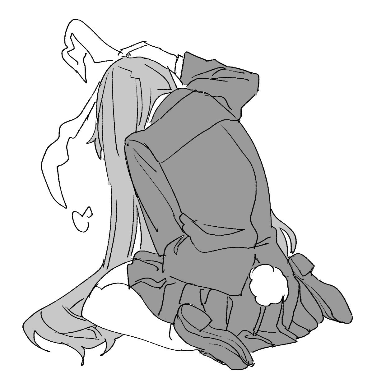 mero (starfish jcs), reisen udongein inaba, touhou, commentary request, highres, 1girl, animal ears, facing away, greyscale, hands on own head, jacket, long hair, long sleeves, monochrome, pleated skirt, puff of air, rabbit ears, rabbit girl, rabbit tail, shoes, sitting, skirt, solo, tail, very long hair