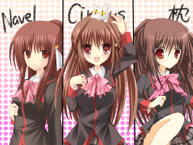 asakura hayate, lennon (little busters!), natsume rin, utamaru, da capo, da capo i, little busters!, bad id, bad pixiv id, 1girl, animal, animal on head, bow, brown hair, cat, cat on head, comparison, long hair, on head, parody, pink bow, plaid clothes, plaid skirt, ponytail, red eyes, school uniform, skirt, style parody