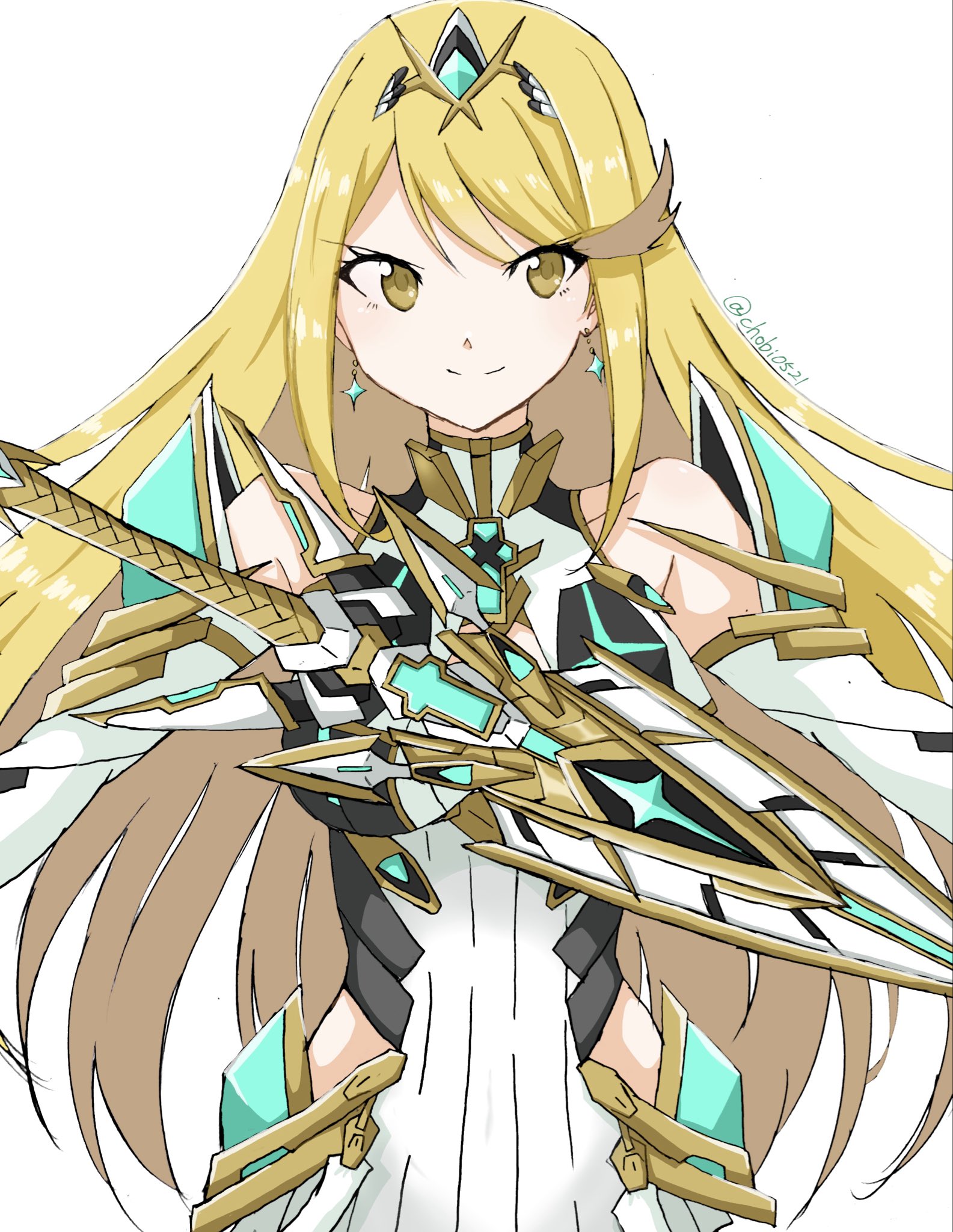 chobi0521, mythra (xenoblade), xenoblade chronicles (series), xenoblade chronicles 2, highres, 1girl, bare shoulders, blonde hair, breasts, chest jewel, cleavage, cleavage cutout, clothing cutout, dress, earrings, jewelry, large breasts, long hair, simple background, smile, solo, sword, tiara, twitter username, upper body, weapon, white background, white dress, yellow eyes