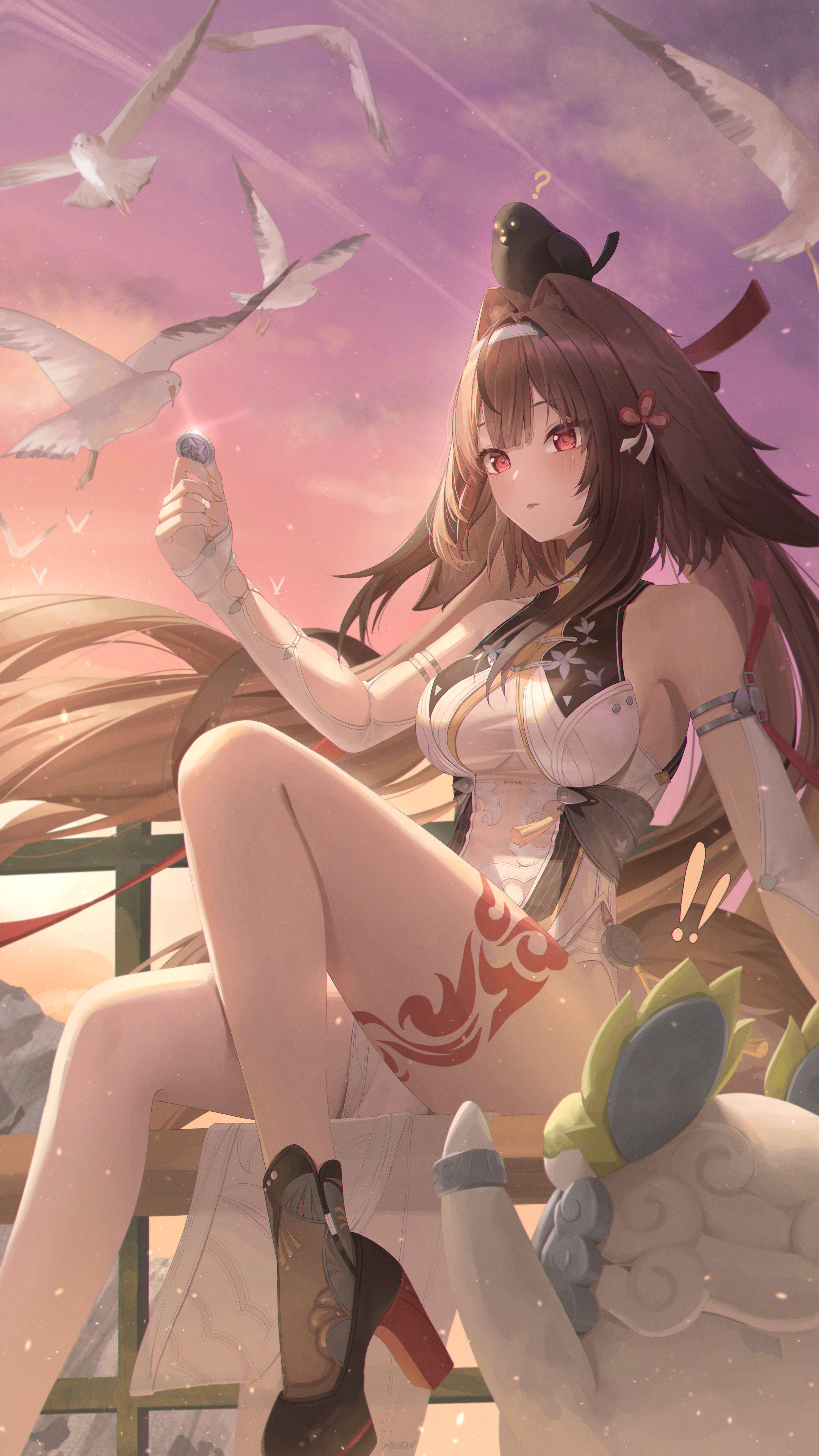 mrotan, bangboo (zenless zone zero), belion (zenless zone zero), ye shunguang, zenless zone zero, absurdres, commentary request, highres, !, !!, 1girl, ?, animal, animal ear fluff, animal ears, animal on head, armlet, bare shoulders, bird, bird on head, black bird, black shoes, breasts, brown hair, brown tail, china dress, chinese clothes, cloud, clover, clover hair ornament, coin, dress, droopy ears, hair ornament, hairband, holding, holding coin, jewelry, leg tattoo, leg up, long hair, medium breasts, on head, open mouth, outdoors, pelvic curtain, red eyes, seagull, see-through clothes, shoes, silver armlet, sitting, tail, tattoo, very long hair, white dress, white hairband