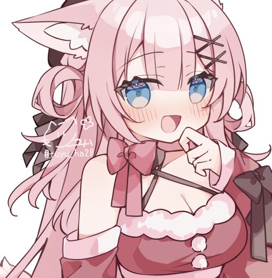 ringouulu, original, commentary request, 1girl, :d, animal ear fluff, animal ears, bare shoulders, black bow, blue eyes, blunt bangs, blush, bow, breasts, christmas, cleavage, detached sleeves, dress, fox ears, fox girl, hair bow, hair ornament, hand up, large breasts, long hair, long sleeves, open mouth, pink hair, red bow, red dress, red sleeves, santa costume, simple background, sleeve bow, sleeveless, sleeveless dress, smile, solo, twitter username, upper body, white background, x hair ornament