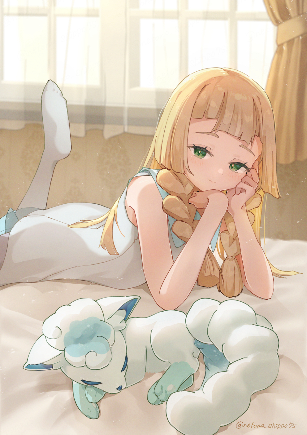 nako (nekono shippo75), alolan vulpix, lillie (pokemon), nintendo, pokemon, pokemon sm, highres, 1girl, 1other, alolan form, animal ears, bare shoulders, bed sheet, blonde hair, blunt bangs, blush, braid, closed eyes, closed mouth, collared dress, curtains, dress, gen 7 pokemon, green eyes, long hair, looking at viewer, lying, multiple tails, on bed, on stomach, pokemon (creature), sleeping, sleeveless, sleeveless dress, smile, sundress, tail, thighhighs, twin braids, white dress, white fur, white thighhighs