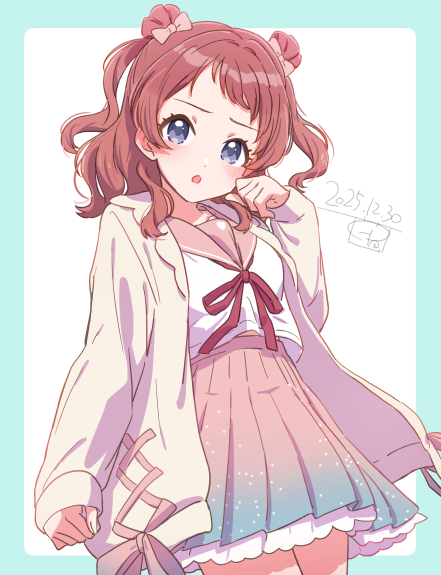 ueda hanako, hanami saki, gakuen idolmaster, idolmaster, 1girl, blue eyes, bow, frilled skirt, frills, gradient clothes, gradient skirt, hair bow, hand up, jacket, medium hair, open mouth, pink serafuku, pleated skirt, red hair, red ribbon, ribbon, school uniform, serafuku, signature, skirt, two side up, wavy hair