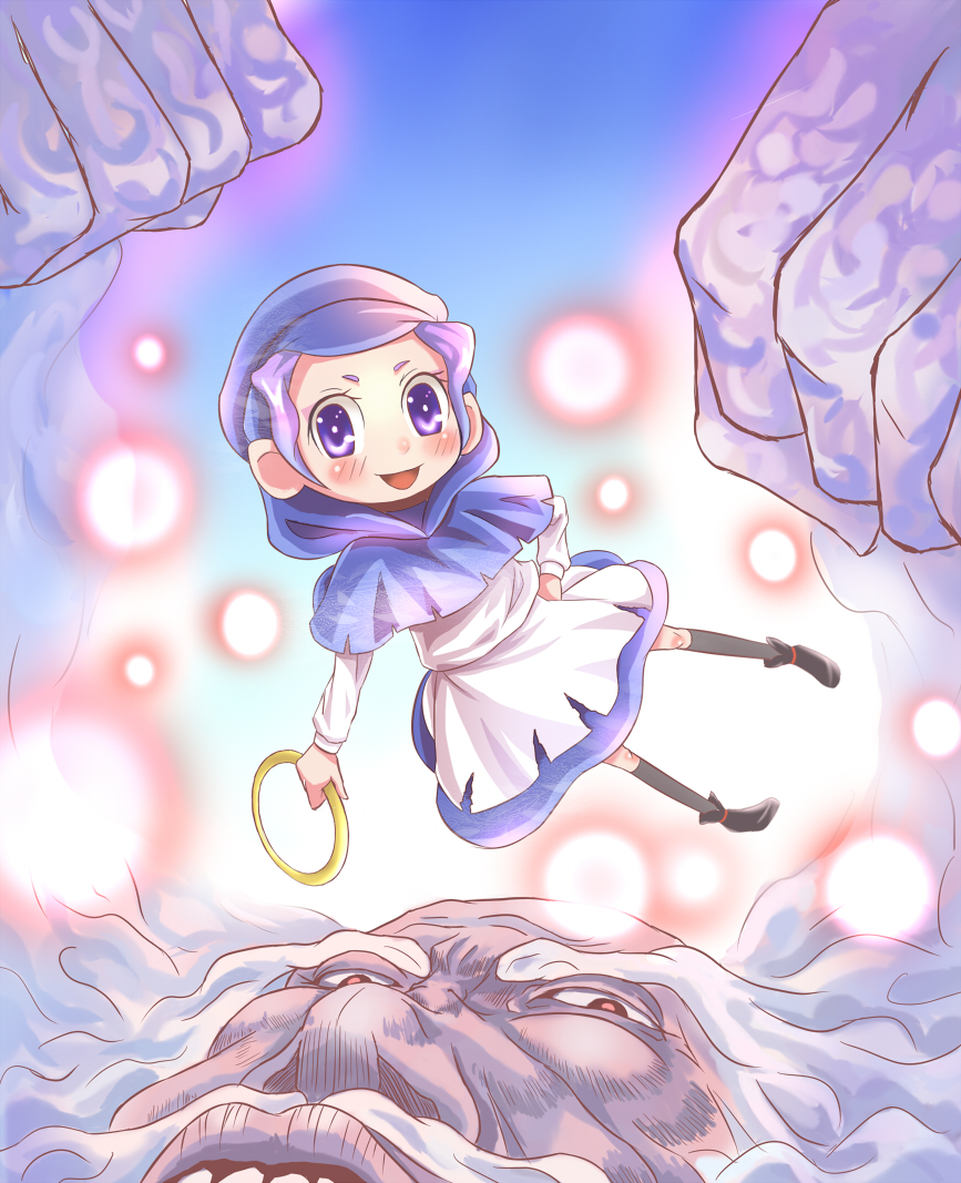 kouzilow, kumoi ichirin, unzan, touhou, 1boy, 1girl, bracelet, hood, jewelry, purple eyes, purple hair, ring