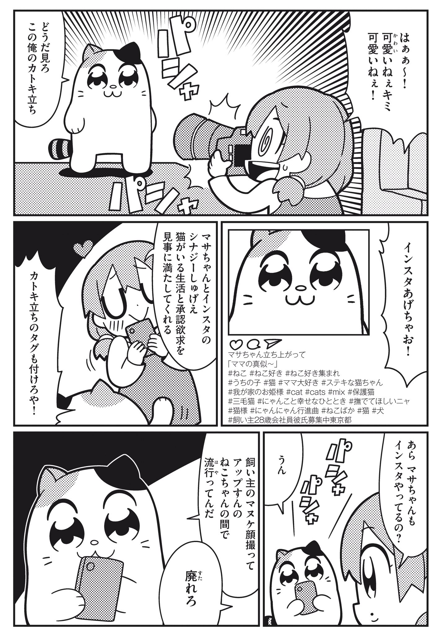 bkub, social network, commentary request, highres, translation request, 1girl, :>, :3, :d, @ @, animal, blush, camera, cat, closed eyes, dot nose, double-parted bangs, hair between eyes, heart, holding, holding camera, holding phone, koyoi mo neko-chan, long hair, long sleeves, open mouth, phone, smile, speech bubble, spiral-only eyes, sweatdrop, taking picture, u u