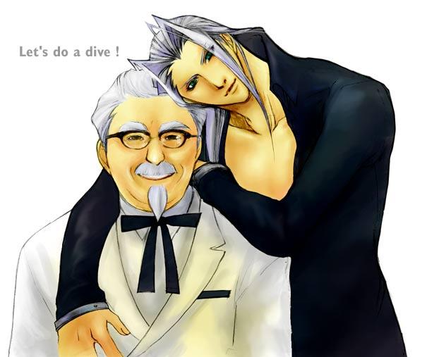 colonel sanders, sephiroth, final fantasy, final fantasy vii, kfc, 1990s (style), 2boys, beard, bow, bowtie, crossover, english text, facial hair, formal clothes, glasses, green eyes, grey hair, long hair, male focus, multiple boys, mustache, retro artstyle, shirt, suit, what, white hair