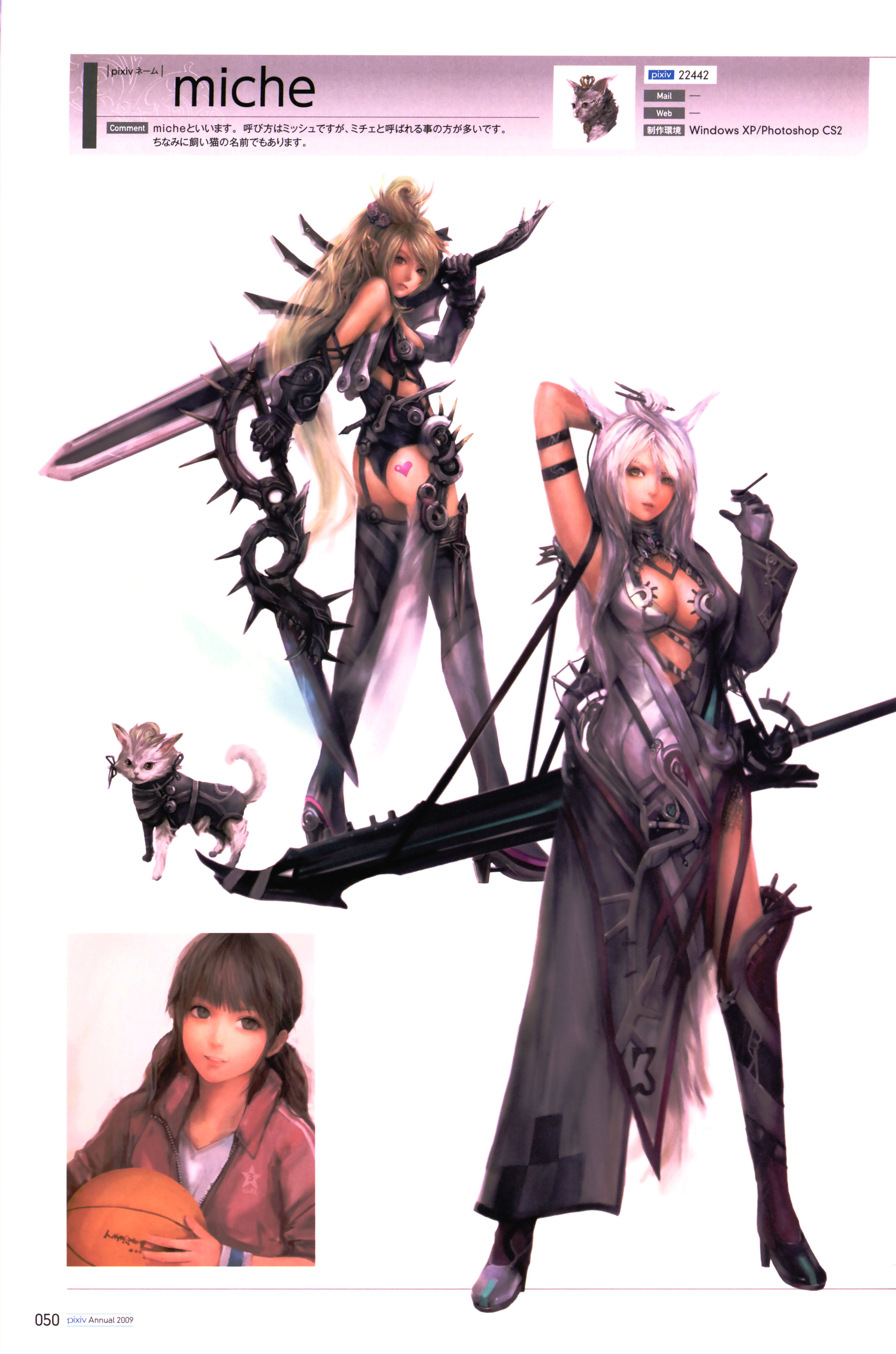 miche, original, silver hair, absurdres, highres, scan, 3girls, armpits, bag, ball, basketball, bow, brown hair, cigarette, earrings, gauntlets, gloves, green eyes, hair bow, jewelry, legs, long hair, multiple girls, purple eyes, realistic, simple background, smoking, standing, sword, thighhighs, twintails, weapon, yellow eyes