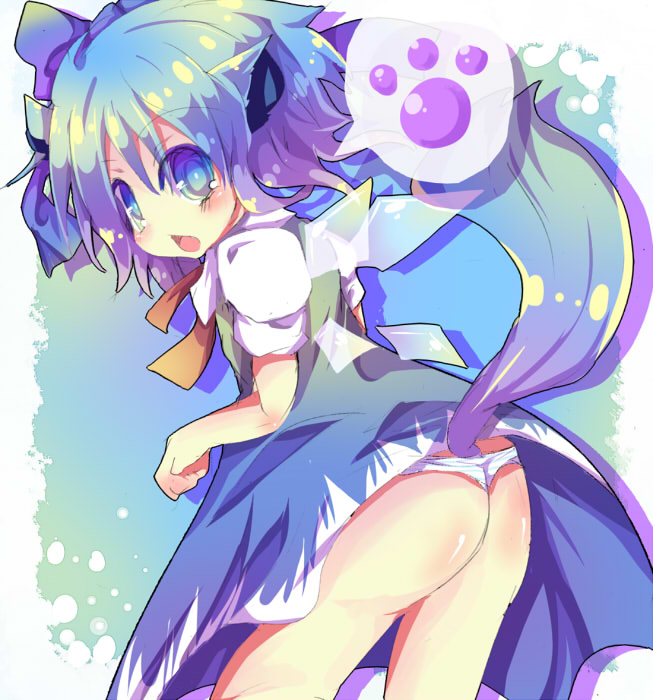 rarami, cirno, touhou, bad id, bad pixiv id, 1girl, animal ears, ass, blue eyes, blue hair, blush, bow, fangs, female focus, gradient background, hair bow, kemonomimi mode, matching hair/eyes, panties, paw print, short hair, solo, striped clothes, striped panties, tail, thong, underwear, wings