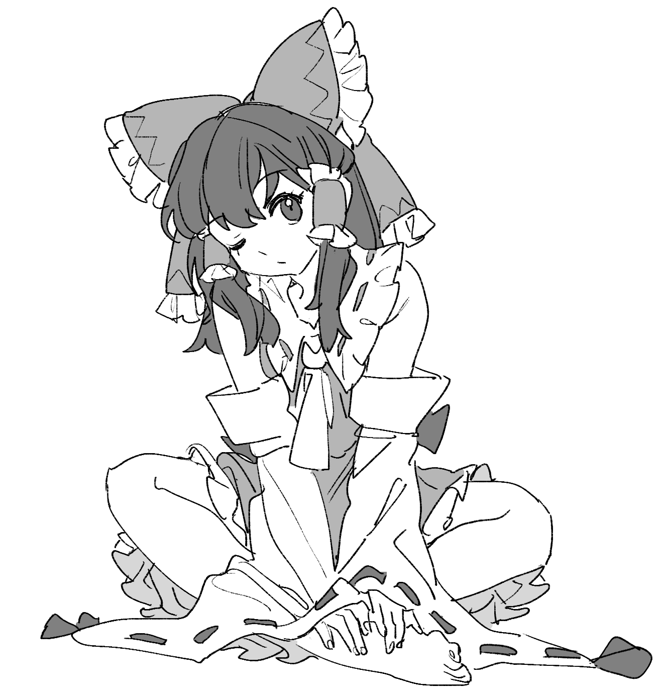 mero (starfish jcs), hakurei reimu, touhou, commentary request, highres, 1girl, ascot, bad feet, barefoot, bow, closed mouth, detached sleeves, frilled bow, frilled hair tubes, frills, greyscale, hair bow, hair tubes, long hair, monochrome, one eye closed, ribbon-trimmed sleeves, ribbon trim, sitting, solo, toes