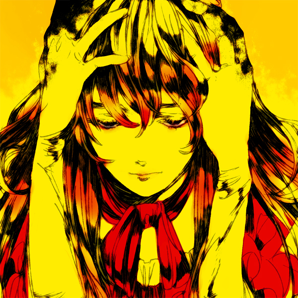 yukizen, yakumo yukari, touhou, bad id, bad pixiv id, 1girl, close-up, elbow gloves, female focus, gloves, gradient background, lips, long hair, monochrome, nose, portrait, solo, yellow theme