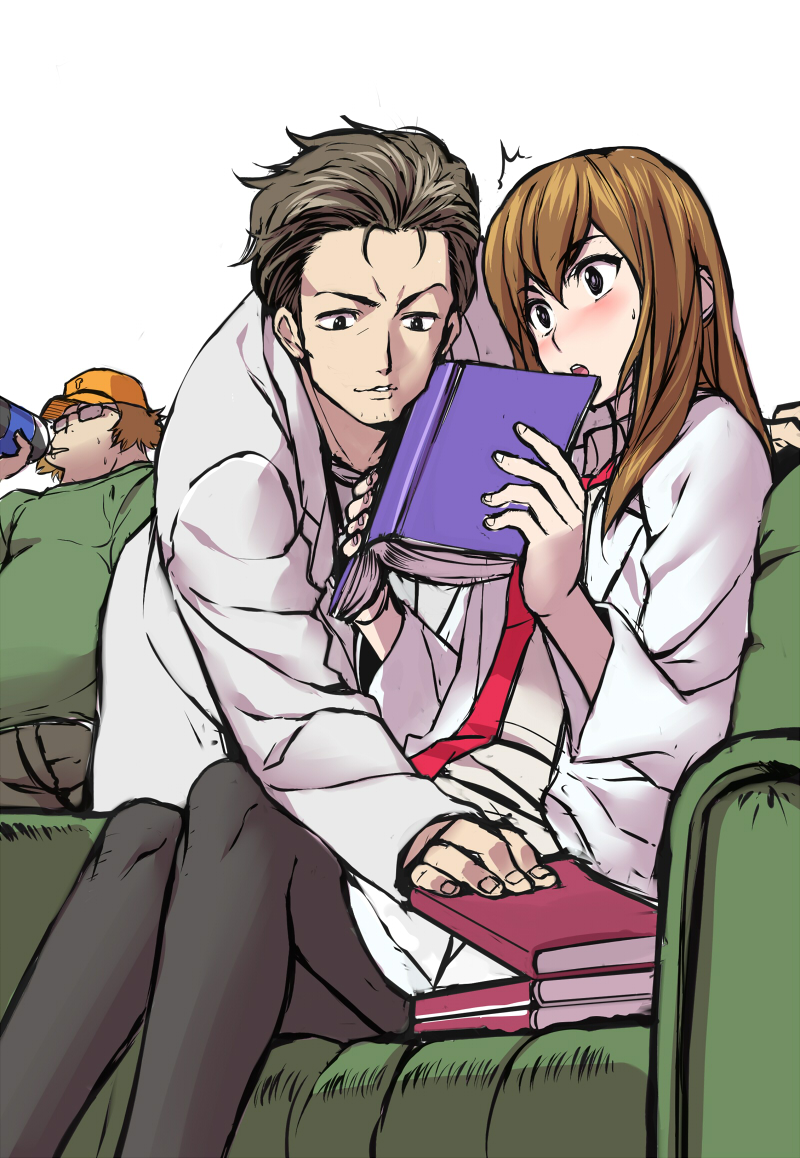 g-tetsu, hashida itaru, makise kurisu, okabe rintarou, science adventure, steins;gate, baseball cap, blush, book, brown hair, chair, glasses, hat, lab coat, necktie, pantyhose, reaching