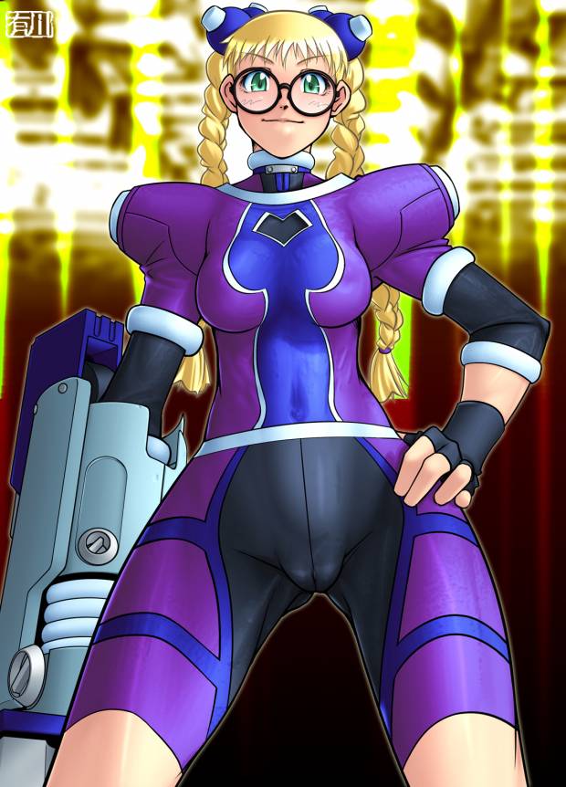qkat (arikawa-dou), area (arika), arika, capcom, street fighter, street fighter ex (series), arm cannon, bike shorts, blonde hair, bodysuit, braid, cameltoe, fingerless gloves, glasses, gloves, green eyes, hand on own hip, hip focus, skin tight, smile, twintails, weapon