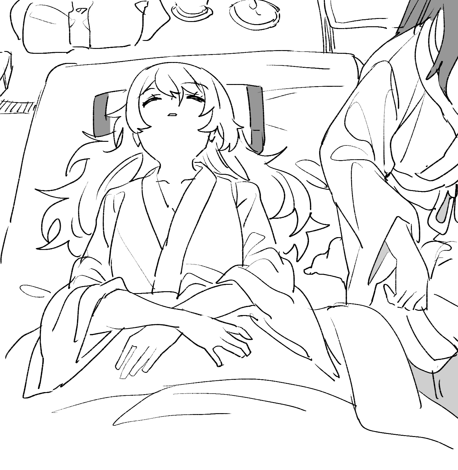 mero (starfish jcs), hakurei reimu, kirisame marisa, touhou, commentary request, highres, 2girls, alternate costume, barefoot, closed eyes, futon, greyscale, japanese clothes, kimono, long sleeves, lying, monochrome, multiple girls, on back, open mouth, sleeping, under covers, wide sleeves