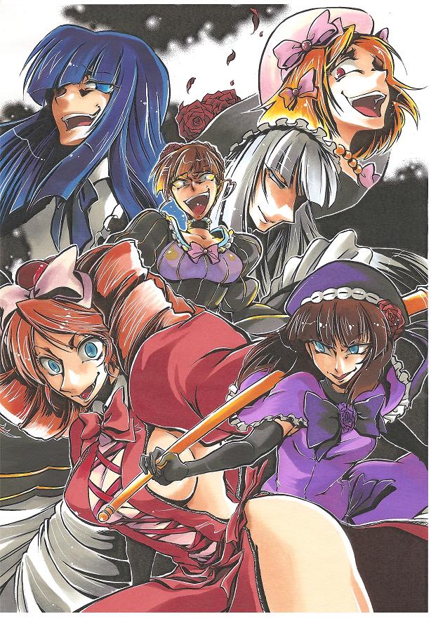 mokori, beatrice (umineko), eva beatrice, frederica bernkastel, gaap (umineko), lambdadelta, virgilia (umineko), umineko no naku koro ni, silver hair, bad id, bad pixiv id, marker (medium), traditional media, 00s, 6+girls, blonde hair, blue eyes, blue hair, bow, breasts, brown hair, crazy eyes, dress, drill hair, frills, hair ornament, hat, large breasts, long hair, medium breasts, multiple girls, orange hair, pink hat, red eyes, ribbon, short hair, sideboob