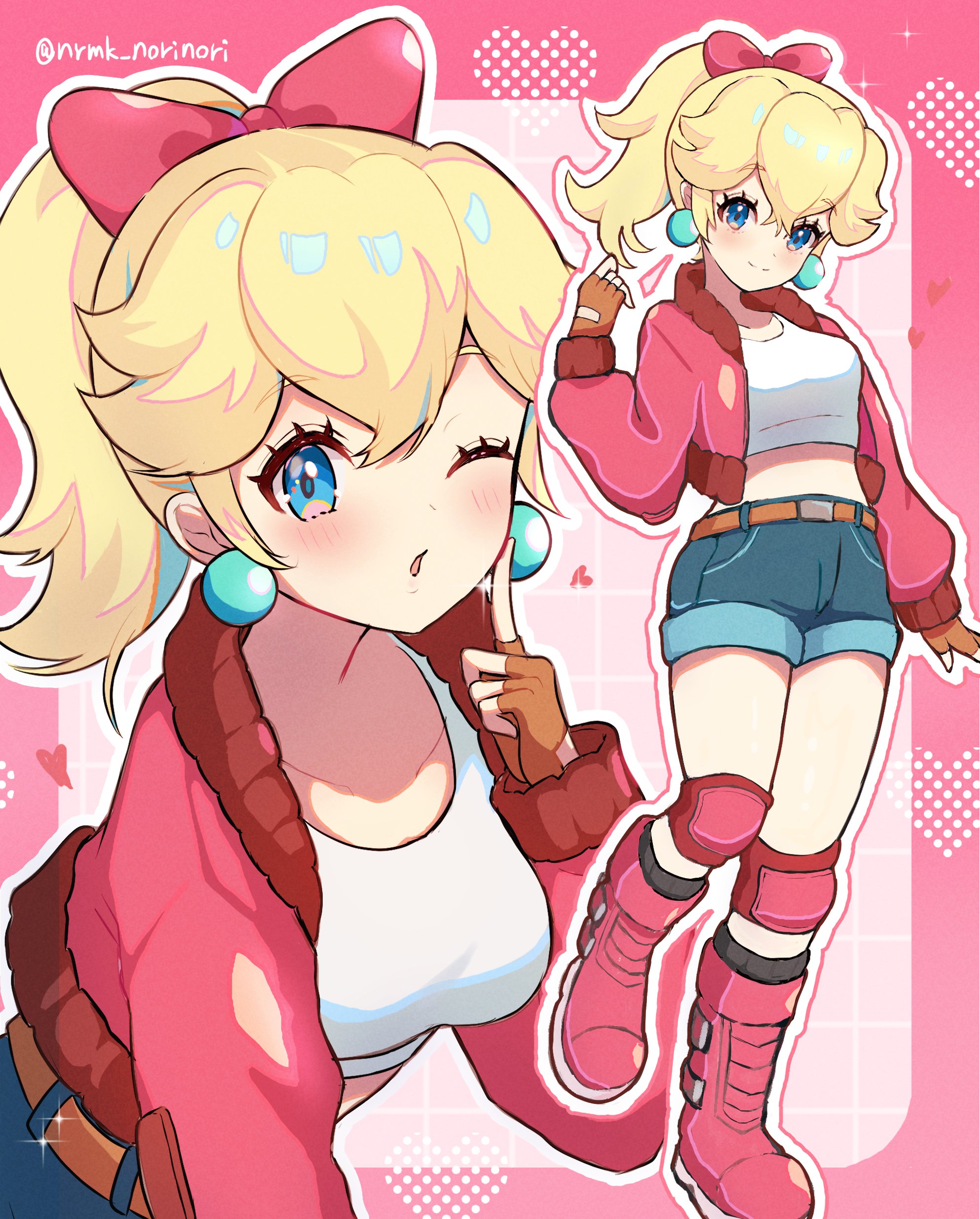 norimaki (nrmk norinori), princess peach, princess peach (touring), mario (series), mario kart, mario kart world, nintendo, absurdres, highres, 1girl, black socks, blonde hair, blue eyes, blush, boots, bow, breasts, closed mouth, collarbone, cropped shirt, denim, denim shorts, earrings, fingerless gloves, gloves, hair bow, heart, jacket, jewelry, knee pads, long hair, looking at viewer, medium breasts, midriff, one eye closed, open clothes, open jacket, parted lips, pink boots, pink bow, pink jacket, ponytail, shirt, short shorts, shorts, smile, socks, sphere earrings, white shirt