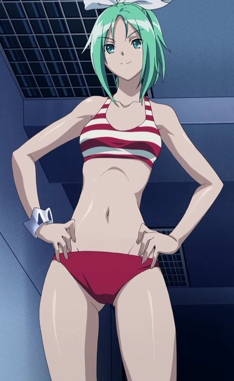 minagawa hitomi, kampfer, anime screenshot, highres, stitched, third-party edit, 00s, 1girl, bikini, bracelet, female focus, hair ornament, hairclip, hands on own hips, jewelry, solo, swimsuit