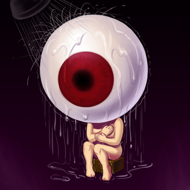 sakkan, medama oyaji, gegege no kitarou, toei company, barefoot, black background, empty eyes, eye focus, eyeball, nude, one-eyed, red eyes, showering, single eye, trembling, water, what