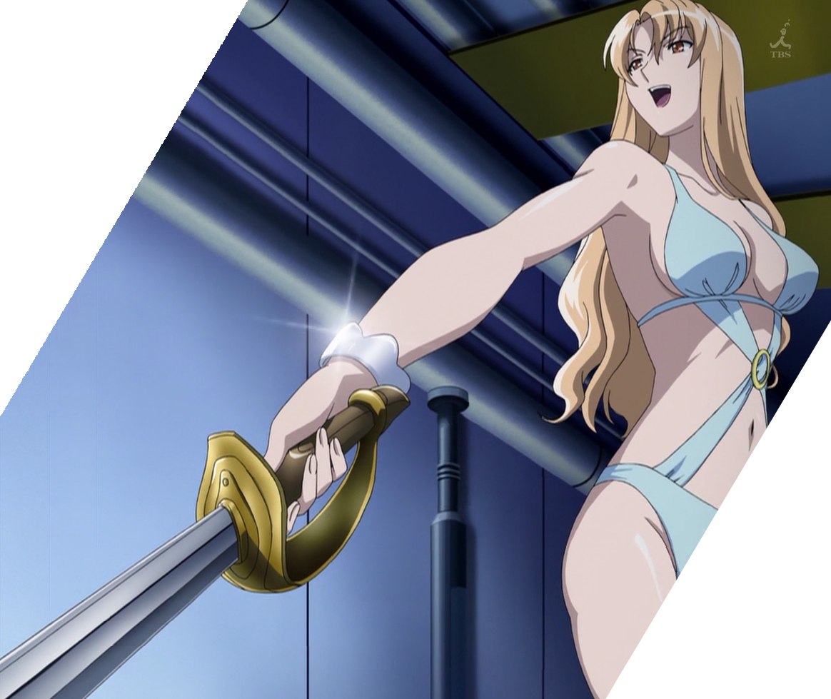 nakao sayaka, kampfer, anime screenshot, stitched, third-party edit, 00s, bikini, bracelet, jewelry, solo, swimsuit, sword, weapon