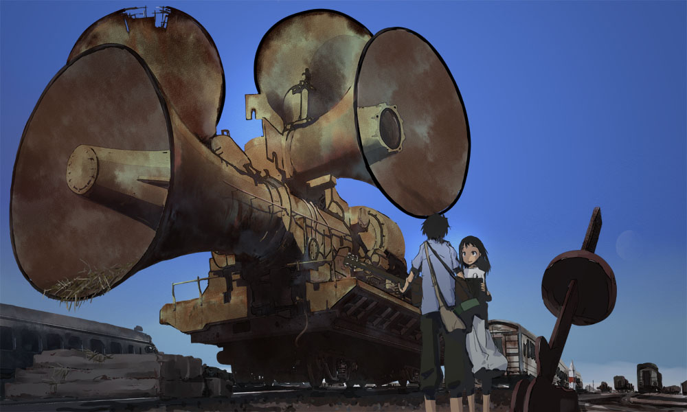 keisan, 1boy, 1girl, black hair, couple, guitar, hetero, instrument, megaphone, microphone, moon, sign, sky, smile, train