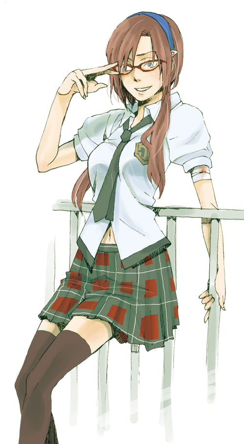 tenga (artist), makinami mari illustrious, neon genesis evangelion, rebuild of evangelion, bad id, bad pixiv id, 00s, 1girl, brown hair, female focus, glasses, hairband, necktie, plaid clothes, plaid skirt, school uniform, skirt, solo, thighhighs, white background