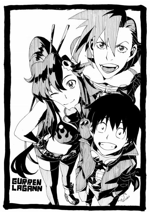 mosako, boota (ttgl), kamina (ttgl), simon (ttgl), yoko littner, tengen toppa gurren lagann, 00s, 1girl, 2boys, bikini, bikini top only, from above, goggles, goggles around neck, greyscale, monochrome, multiple boys, one eye closed, smile, swimsuit, thighhighs, wink